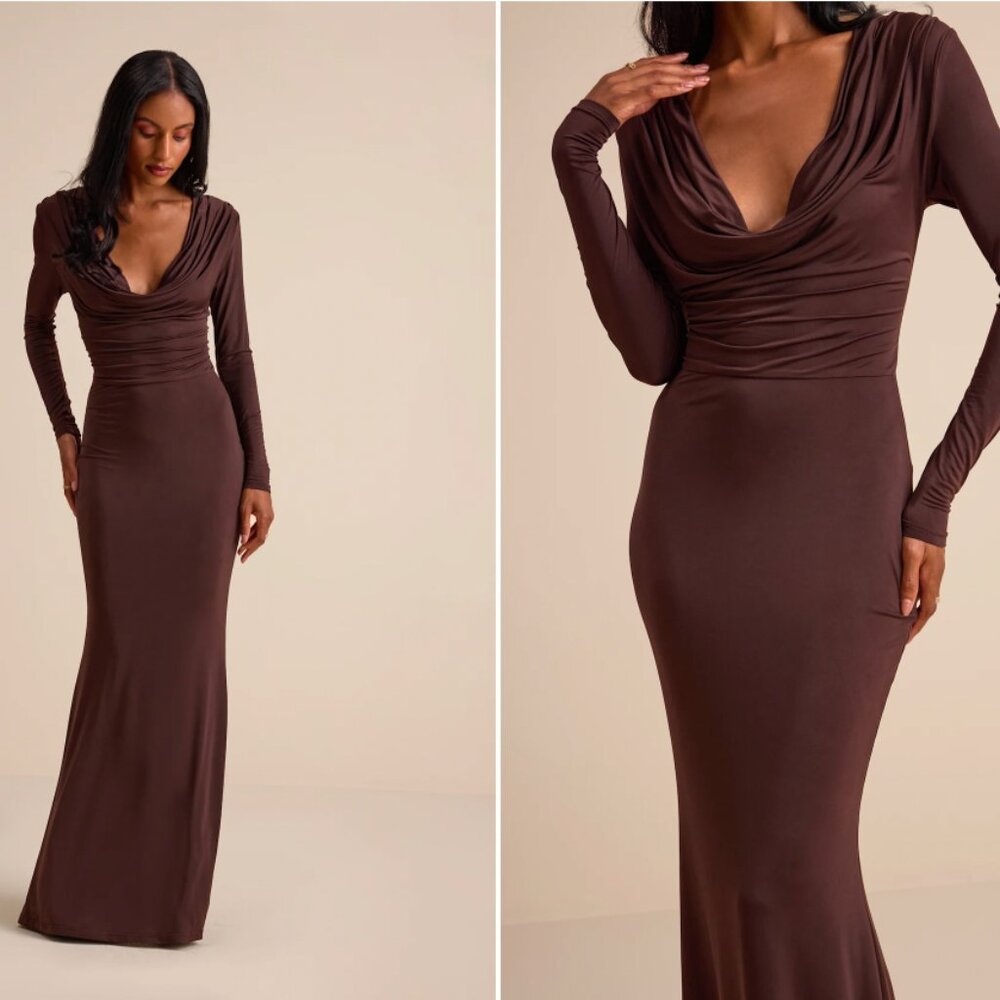 Lulu's Jennifer Brown Jersey Knit Cowl Neck Maxi Dress